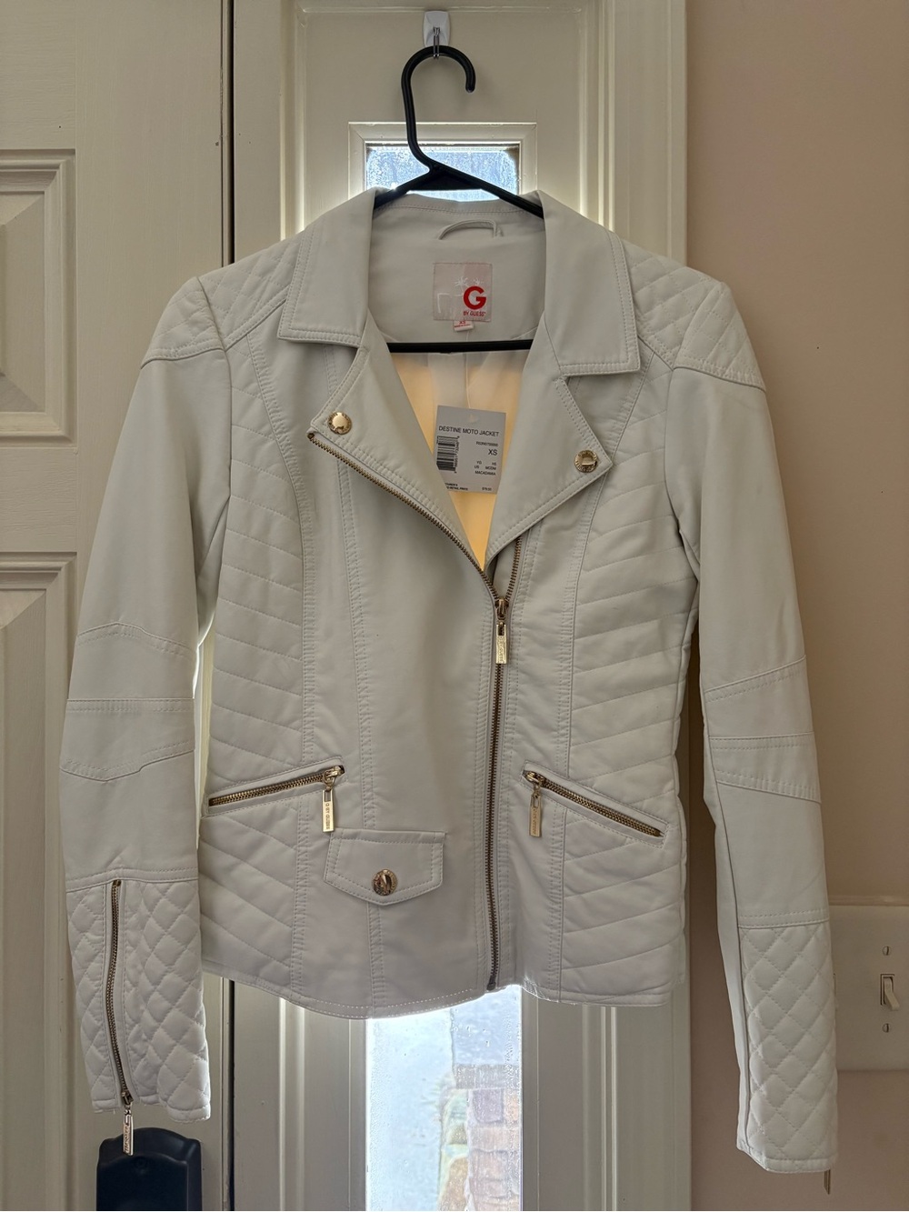 NWT Guess White Quilted Leather Moto Jacket with Gold Hardware